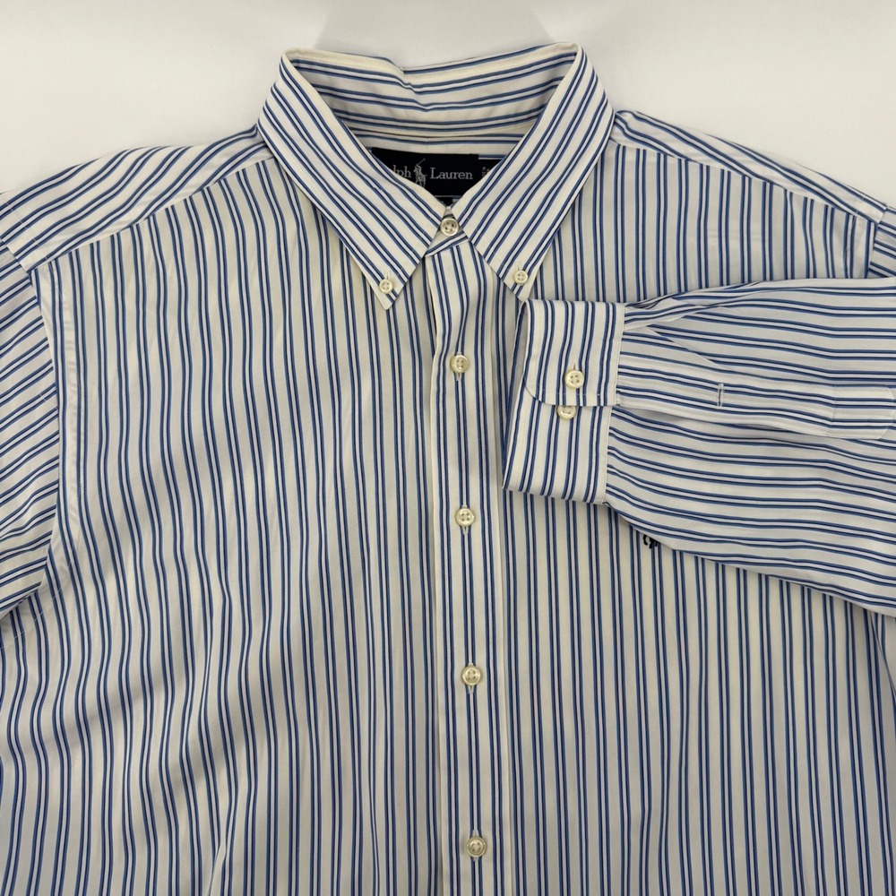 Ralph Lauren Button Down Mens 17.5 XL Blue White Striped Classic Fit Long Sleeve
